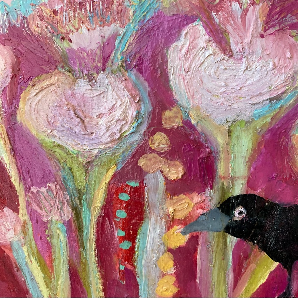 The Scarlet Forrest 2 ”An Original Oil Painting 12”x12 Crow on Birchwood - Picture 7 of 11